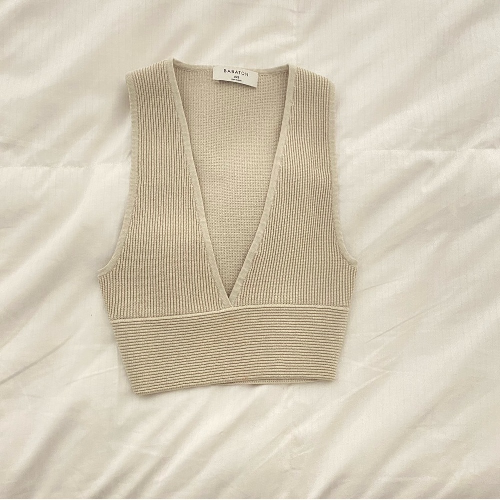 Aritzia color matte pearl Babaton Sculpt knit deep V-neck tank ribbed top